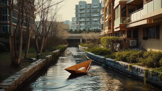 Foto barco de papel lavado pela via fluvial na paisagem
