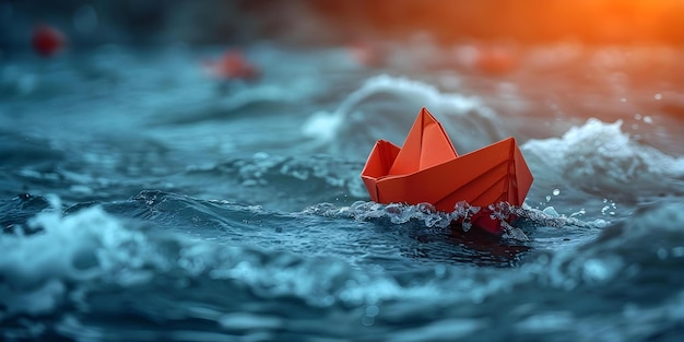 Barco de papel vermelho se destaca liderando barcos brancos através de águas turbulentas simbolizando liderança e inovação únicas Conceito Liderança Inovação Inovação na Liderança Simbolismo único
