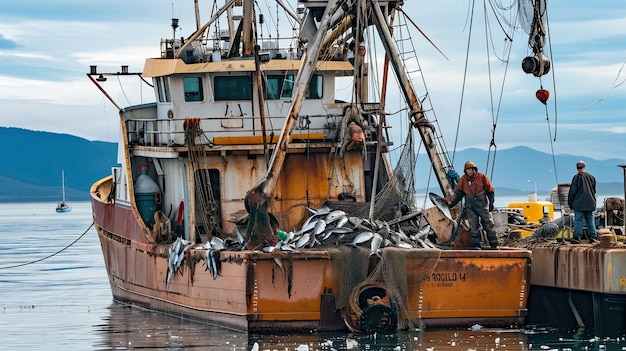 barco de pesca a descarregar as suas capturas do dia