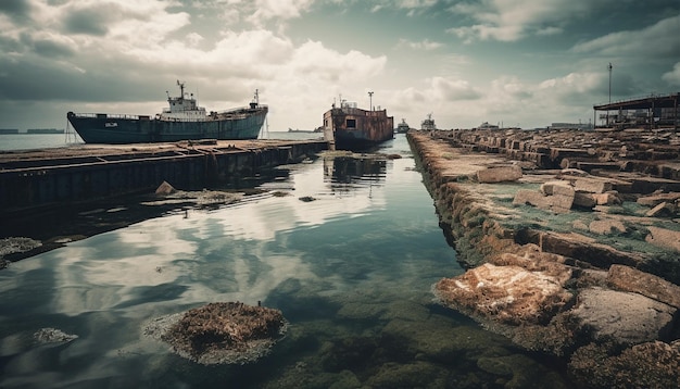 Barco de pesca abandonado em doca comercial de aço gerado por IA