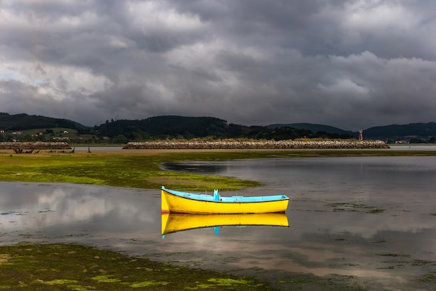 Barco de pesca amarelo pequeno amarrado no pântano