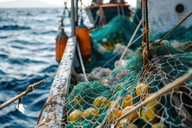 Barco de pesca com redes e peixe fresco Pesca no mar ou no oceano a partir de um barco