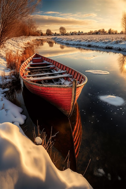Barco de pesca de cenário de inverno no rio congelado