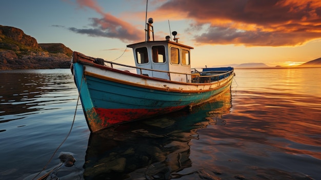 Barco de pesca na baía ao pôr-do-sol Paisagem com um barco de pesca