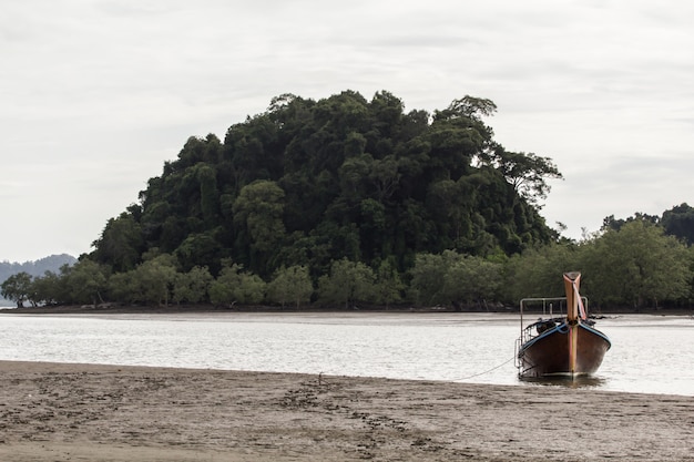 Barco de pesca na praia com o fundo verde da montanha