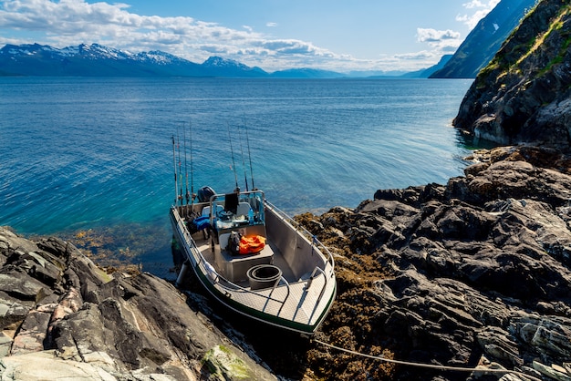 Barco de pesca no mar, fiordes noruegueses.