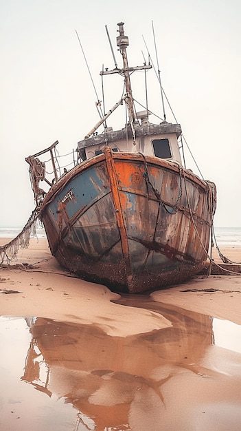 Barco de pesca rústico encalhado na costa arenosa uma relíquia dos dias de navegação Vertical Mobile Wallpaper