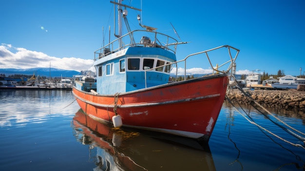 Foto barco de pesca vermelho atracado em um porto