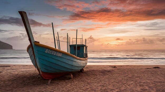 Barco de pesca vintage na praia no pôr-do-sol com o céu e o mar ao fundo