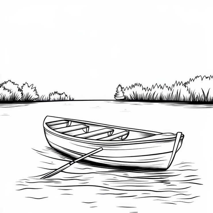 Foto barco de remo no lago ilustração desenhada à mão com tinta preta e branca