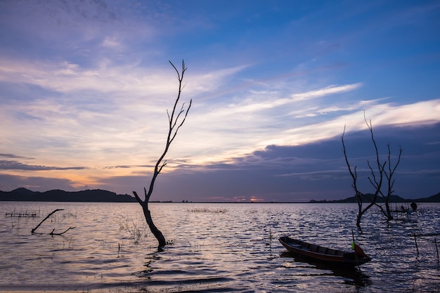 Barco de silhueta e árvore na água durante o pôr do sol