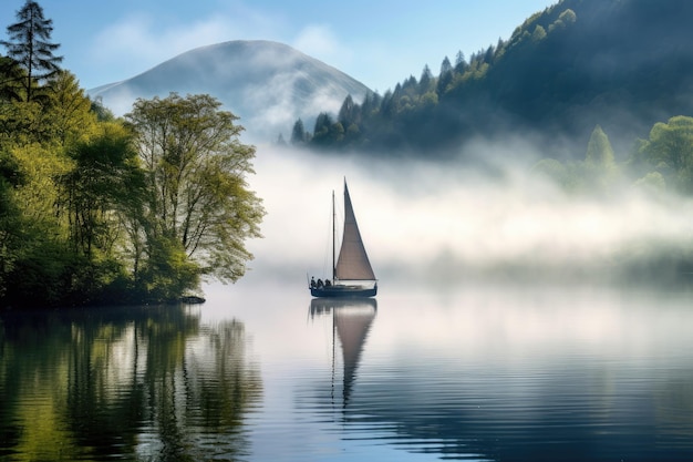 Barco de vela no lago na névoa da manhã Bela paisagem um lago sereno com árvores e plantas nas cores da primavera montanhas no fundo um pequeno barco de vela no lago AI Gerado
