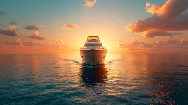 Foto barco a la deriva en el océano al atardecer generado por ia