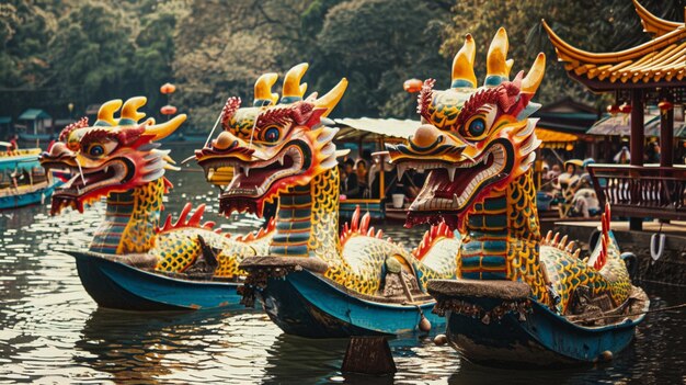 un barco dragón con un barco azul en el agua