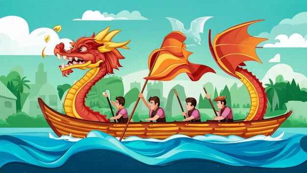 Foto un barco de dragón con un dragón en él va a ir al agua
