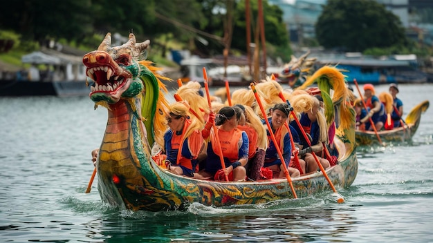 Foto un barco de dragón con el dragón en él está llevando un palo