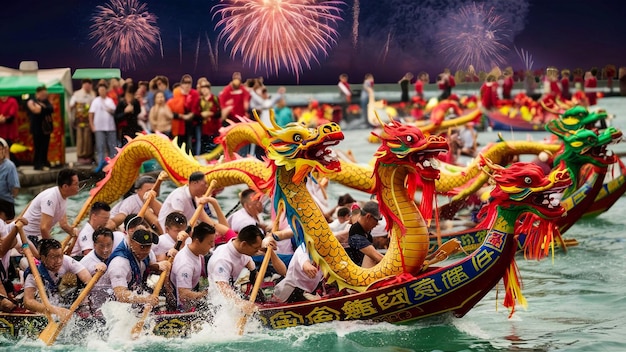un barco dragón con escritura china en el frente y el número 7 en el frente