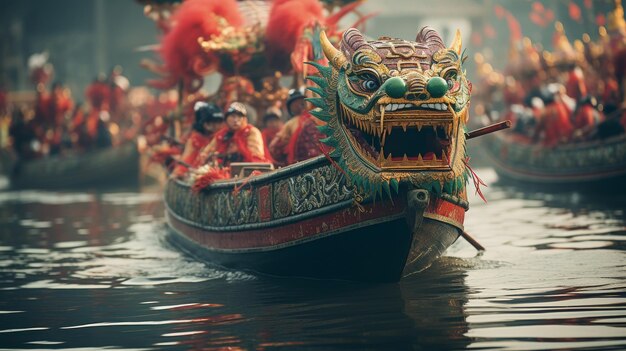 El barco dragón flotando sobre un cuerpo de agua
