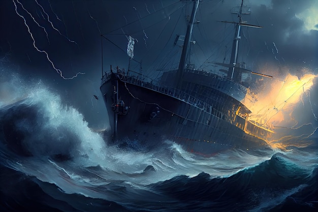 El barco encalló durante una tormenta con olas rompiendo contra el casco y relámpagos en el cielo