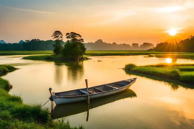 un barco está en el agua con una puesta de sol en el fondo