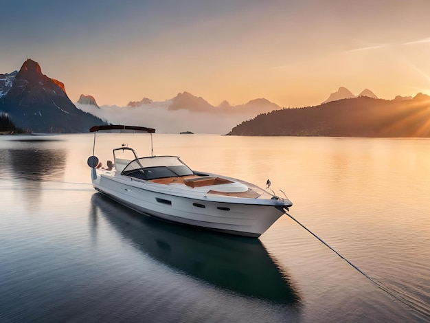 Un barco está amarrado en un lago con montañas al fondo.