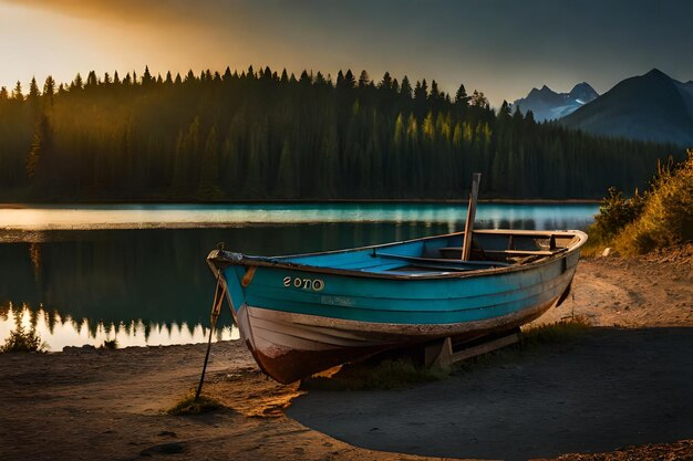 un barco está amarrado en la orilla de un lago.