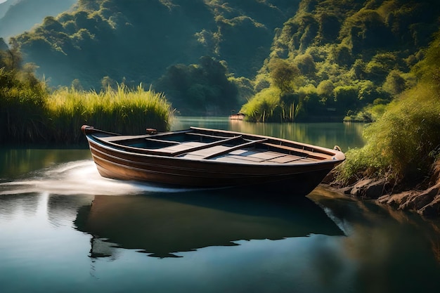 Un barco está amarrado en un río con un bosque al fondo.