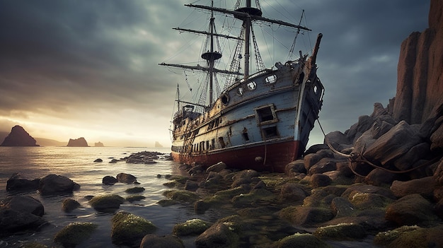 El barco está amarrado a las rocas.