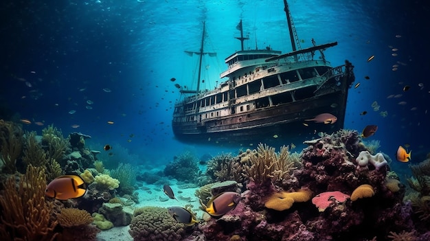 Un barco está en un arrecife de coral con un pez tropical nadando a su alrededor.