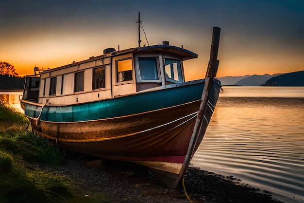 Un barco está atracado en el agua con una puesta de sol de fondo.