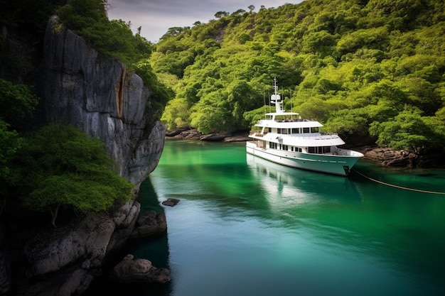 Un barco está atracado en una bahía verde.