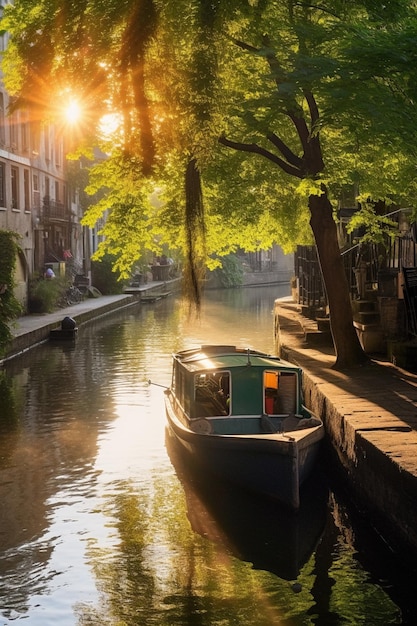 Un barco está atracado en un canal de amsterdam.