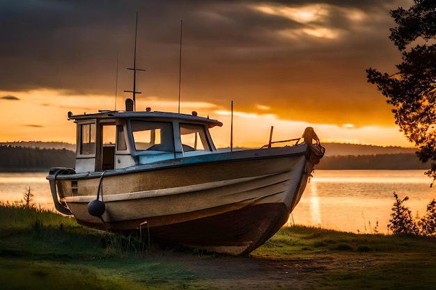 un barco está atracado en un lago con una puesta de sol en el fondo.