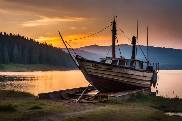Un barco está atracado en un lago con una puesta de sol de fondo.
