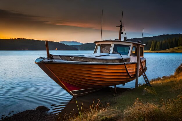 Un barco está atracado en un lago con una puesta de sol de fondo.