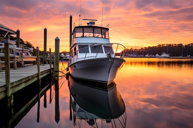 Un barco está atracado en un muelle con una puesta de sol.