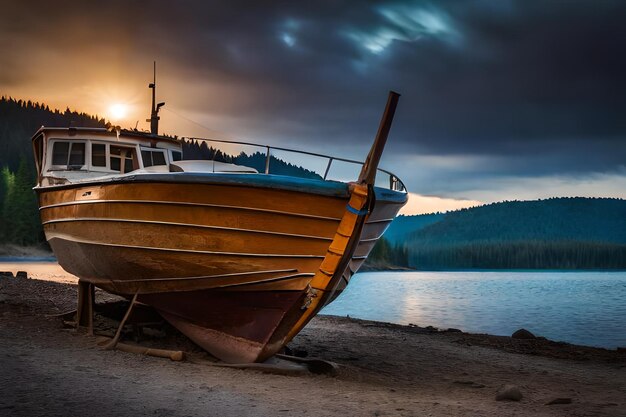 un barco está atracado en la orilla de un lago.