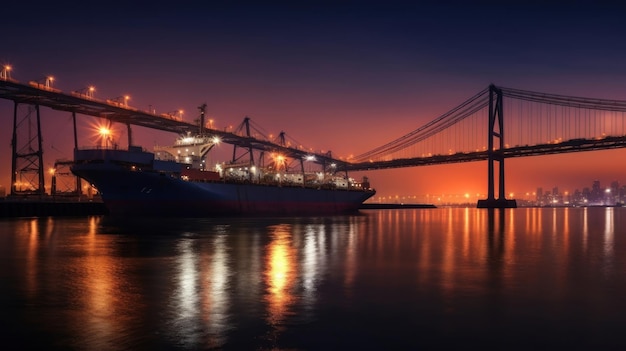 Un barco está atracado en un puerto con las luces encendidas.