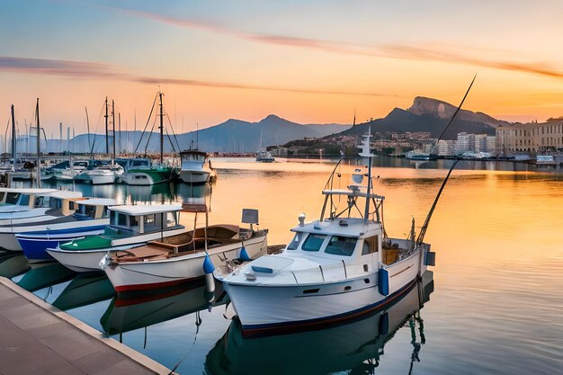 un barco está atracado en un puerto con una montaña en el fondo.