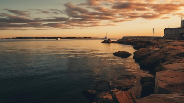 un barco está atracado en un puerto con rocas y una puesta de sol en el fondo.