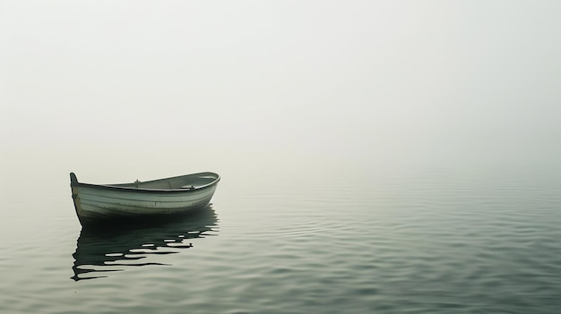 un barco está flotando en el agua en la niebla