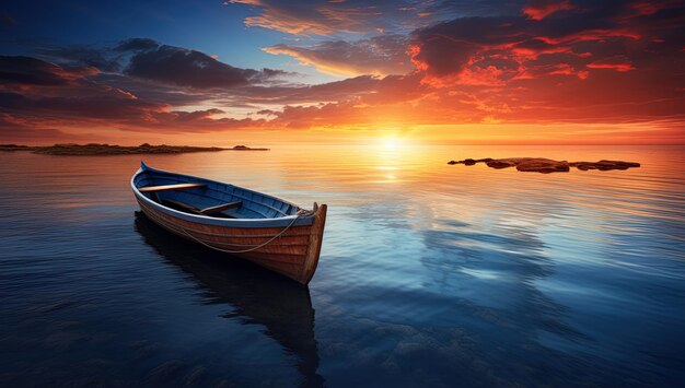 un barco está flotando en el agua con una puesta de sol en el fondo