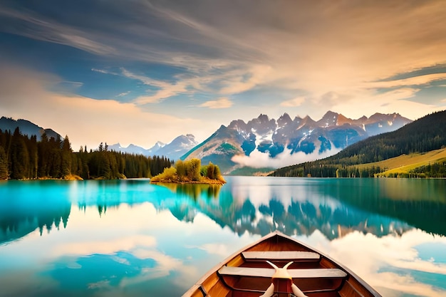 un barco está en un lago con montañas en el fondo