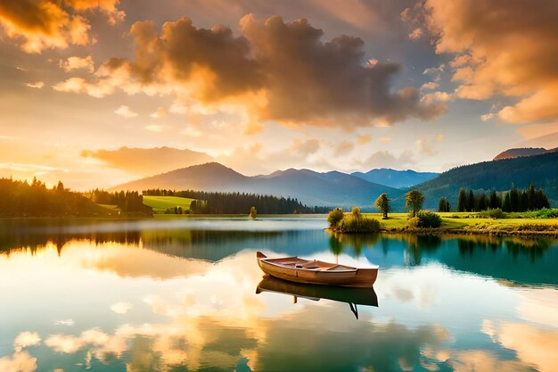 un barco está en un lago con una puesta de sol en el fondo