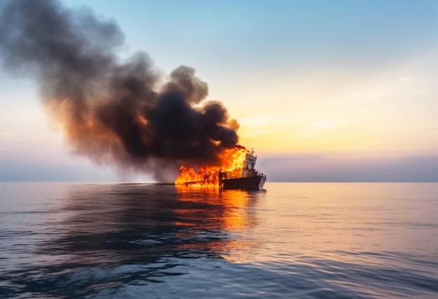 El barco está en llamas en el mar fuego en el barco