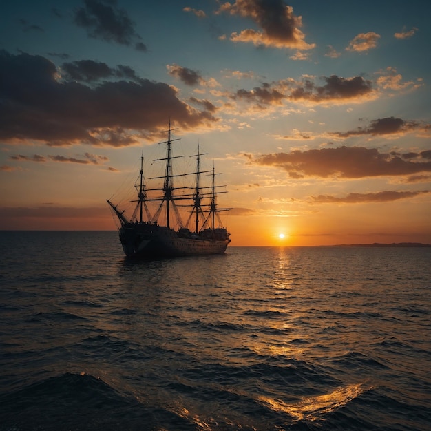 un barco está navegando en el océano con el sol poniéndose detrás de él