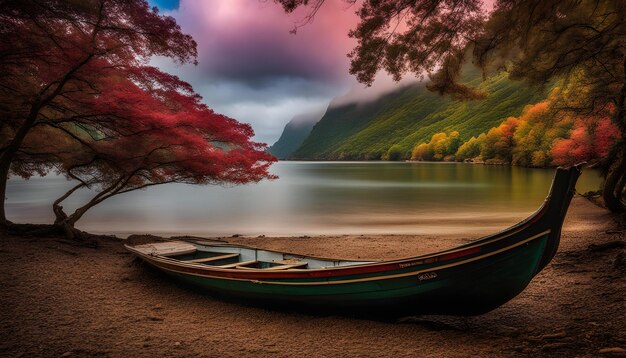 un barco está en la orilla de un lago con un árbol rojo en el fondo