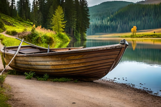 un barco está en la orilla de un lago con un bosque al fondo.
