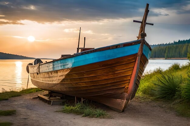 Un barco está en la orilla con el sol detrás de él.