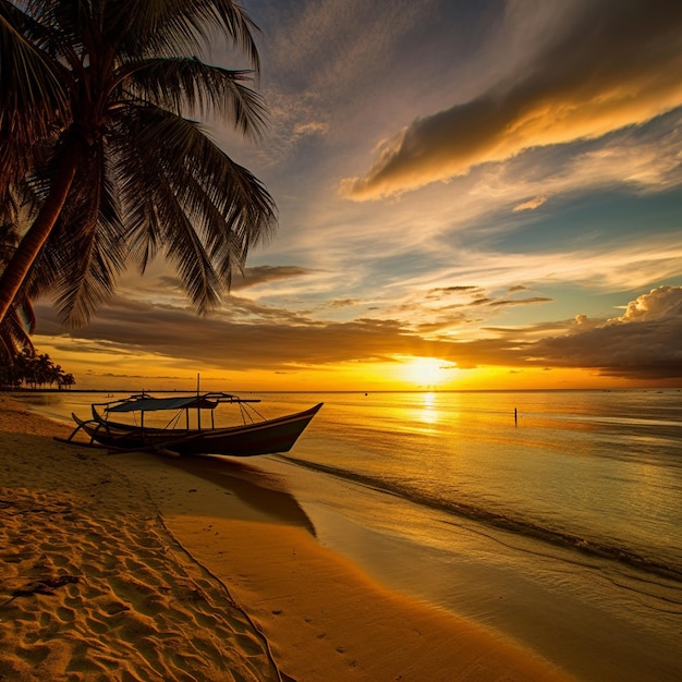 Un barco está en la playa al atardecer